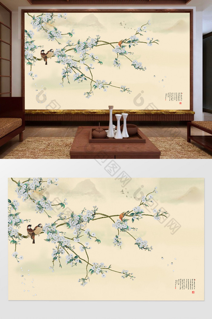 中式繁花似锦水墨画客厅电视背景墙设计