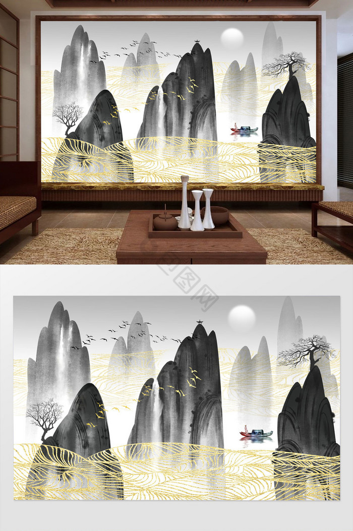 新中式抽象水墨山水客厅背景墙图片