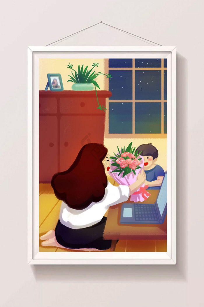 治愈系母亲节儿子给母亲送花温情插画图片