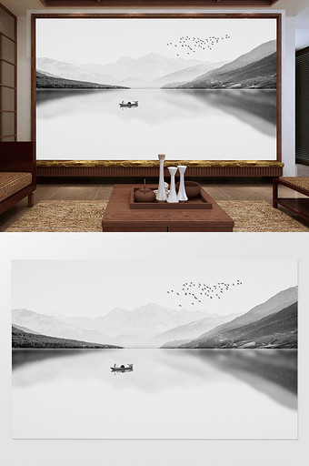 新中式意境抽象水墨山水客厅电视背景墙图片