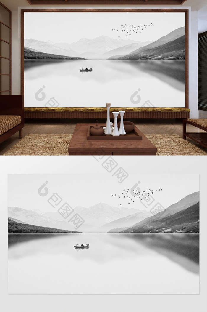 新中式意境抽象水墨山水客厅电视背景墙