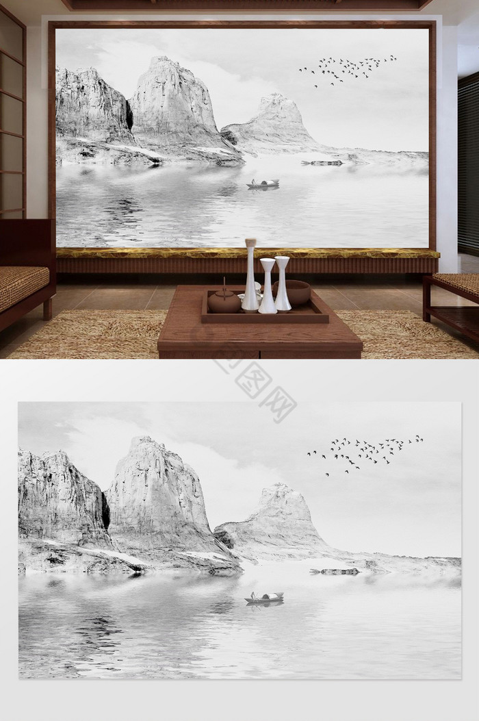 新中式意境抽象水墨山水背景墙图片