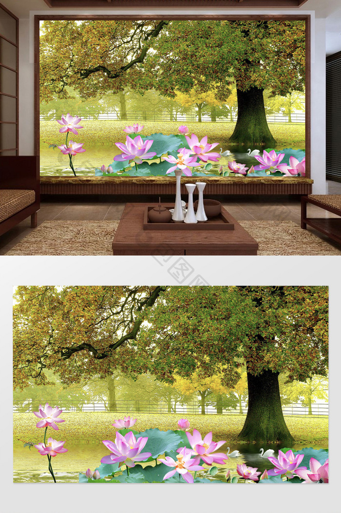 新中式爱情树荷花电视背景墙