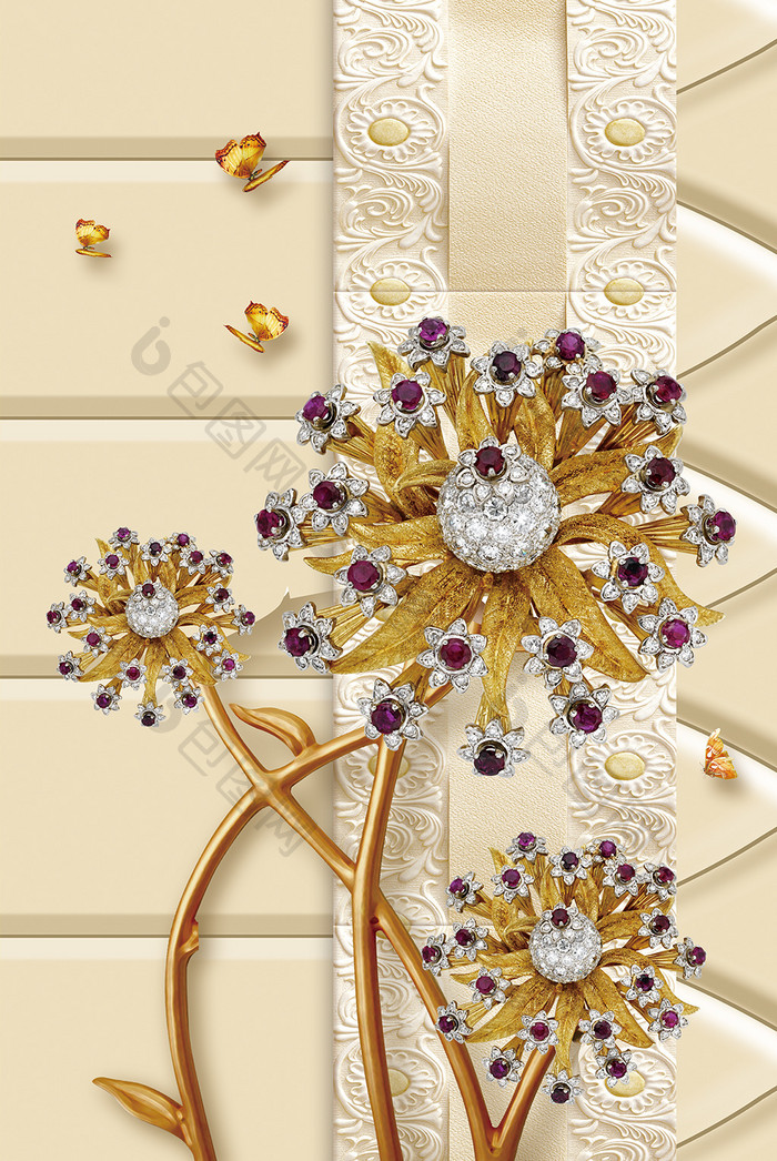 镶钻彩色珠宝花朵花蝴蝶香槟金欧式一联装饰