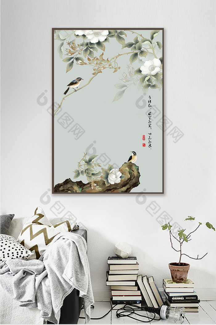 新中式白色花朵枝头喜鹊风景一联装饰画图片图片