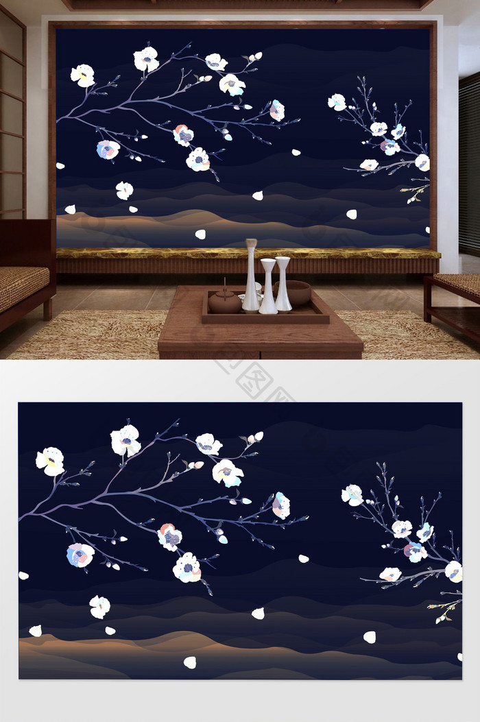 中式意境山水花卉电视背景墙