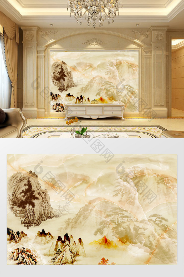 高清3D大理石纹山水花日出背景墙国画山水