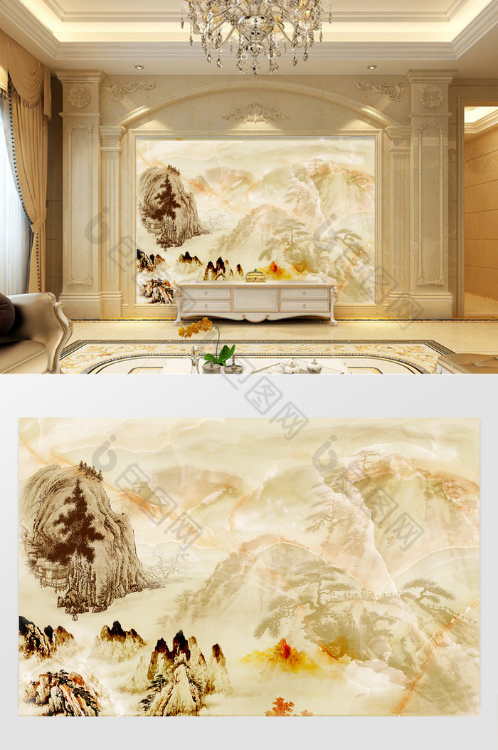 高清3D大理石纹山水花日出背景墙国画山水图片图片