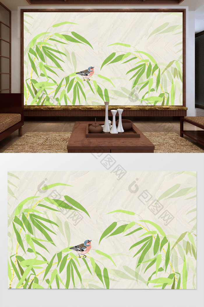 中式手绘竹子电视背景墙