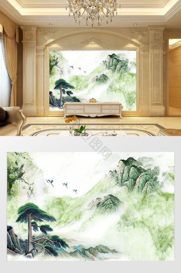高清3D大理石纹山水花日出背景墙宝地生金图片