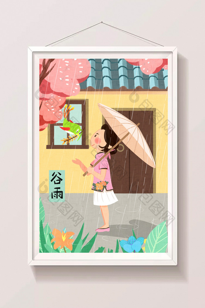 中国风节气谷雨女孩与叼来麦穗的鸟插画