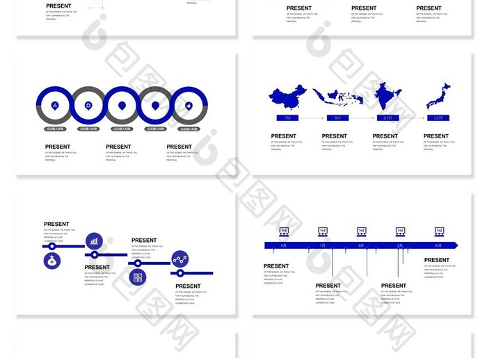 40页深蓝并列化图表集PPT模板