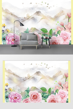 中式花卉色彩水墨春分客厅电视背景墙