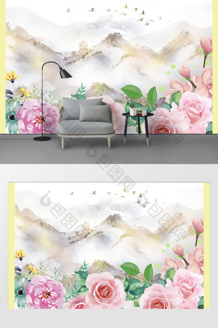 中式花卉色彩水墨春分客厅电视背景墙