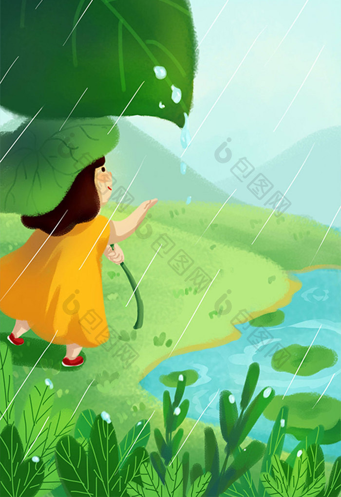 绿色春天雨水节气谷雨节气插画