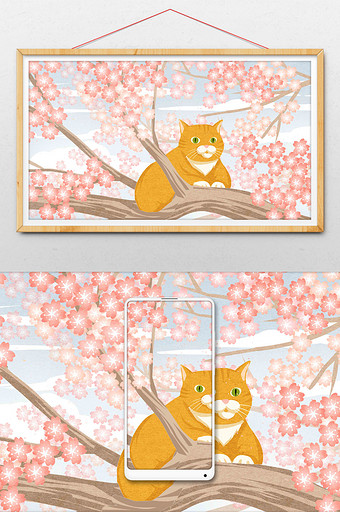 春天樱花猫咪插画图片