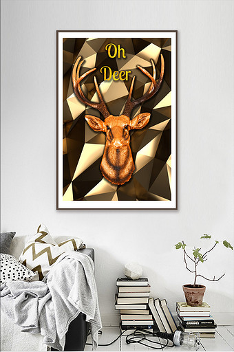 北欧金色抽象浮雕鹿装饰画图片