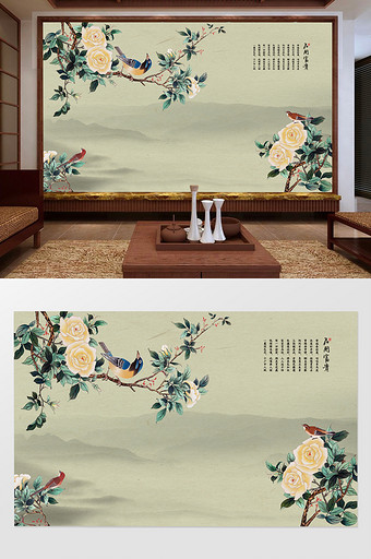 中式牡丹花开水墨风客厅电视背景墙设计图片