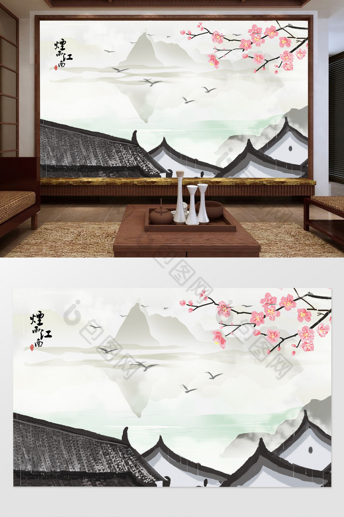 中式水墨意境山水马头墙电视背景墙图片图片