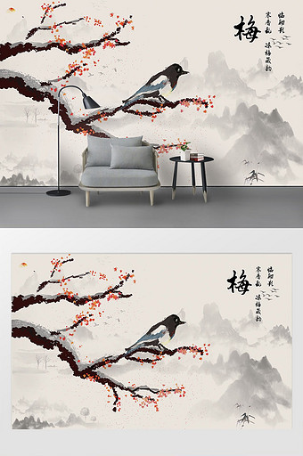 中式手绘工笔梅花背景墙装饰画图片