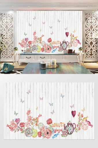 小清新水彩花卉背景墙效果图-小清新水彩花卉装饰画-包图网