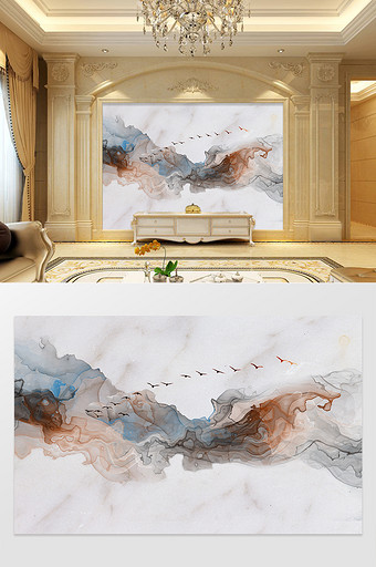 新中式抽象水墨山水大理石纹理电视背景图片
