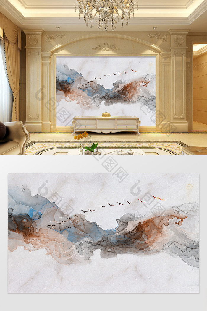 新中式抽象水墨山水大理石纹理电视背景