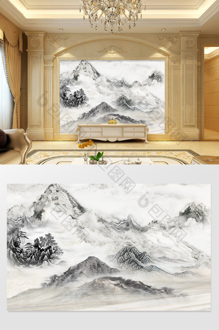 高清3D大理石纹山水花日出背景墙诗情画意