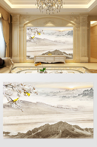 高清3D大理石纹山水花日出背景墙春晓图片