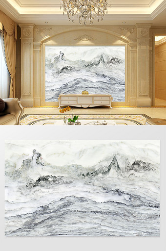 高清3D大理石纹山水花日出背景墙新中式山图片