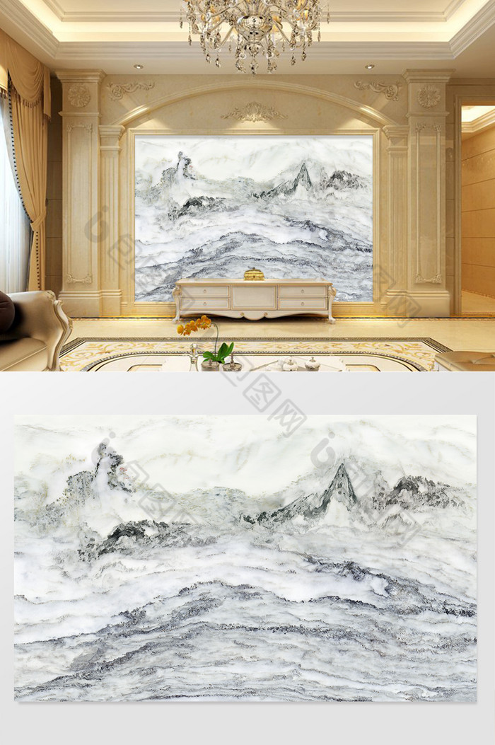高清3D大理石纹山水花日出背景墙新中式山图片图片