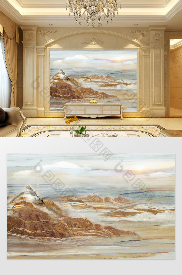 高清3D大理石纹山水花日出背景墙石海日出图片图片