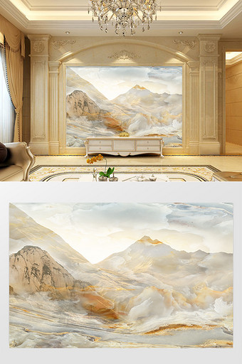 高清3D大理石纹山水花日出背景墙古云印象图片
