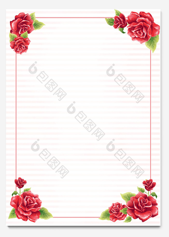 红色玫瑰花卉word感谢信信纸背景模板