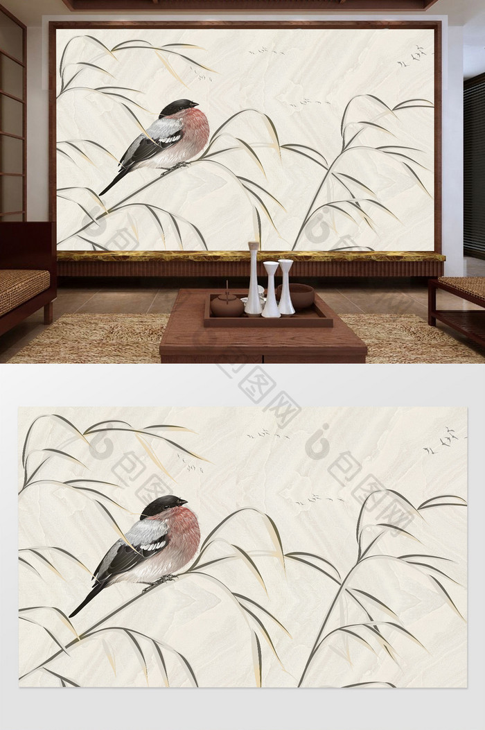 中式手绘花鸟意境电视背景墙