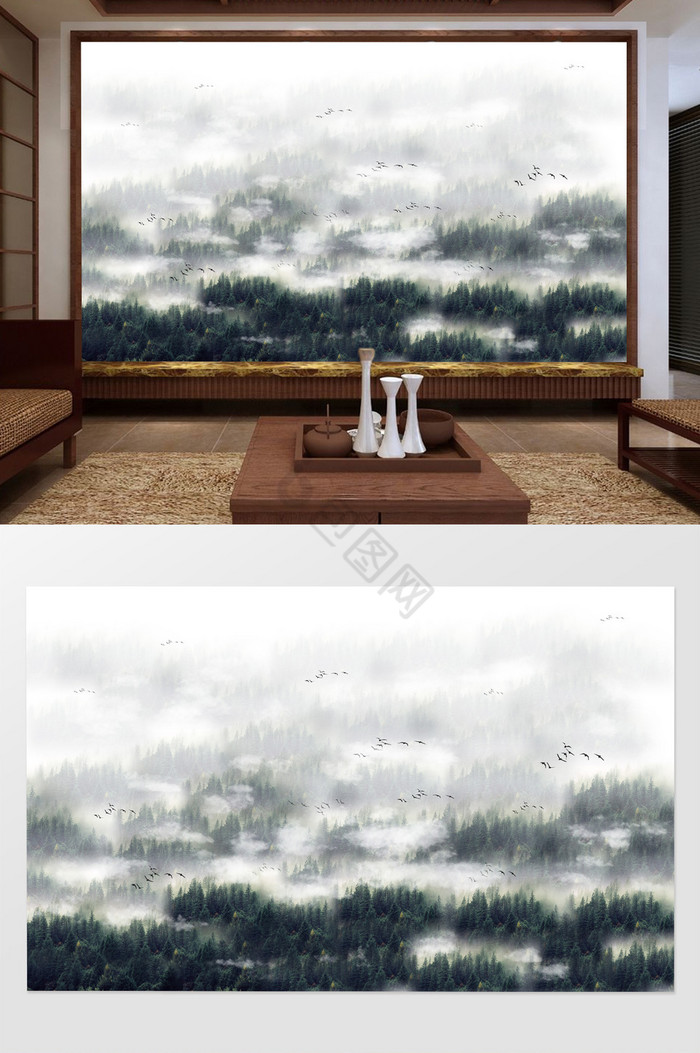 中式意境山水山林电视背景墙图片