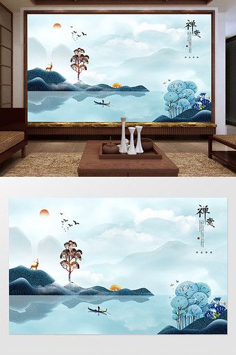 新中式创意手绘山水电视背景墙图片