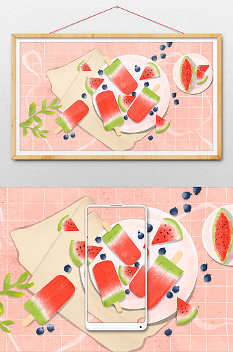 唯美清新夏日西瓜冰棍甜品插画图片