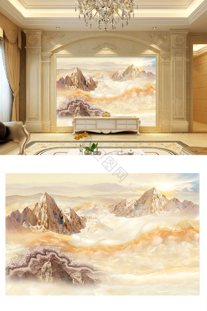 高清3D大理石纹山水花日出背景墙日出云海图片