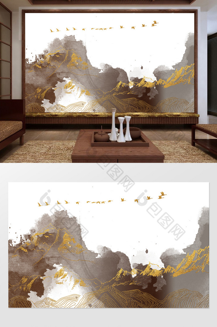 新中式抽象意境山水线条电视背景墙