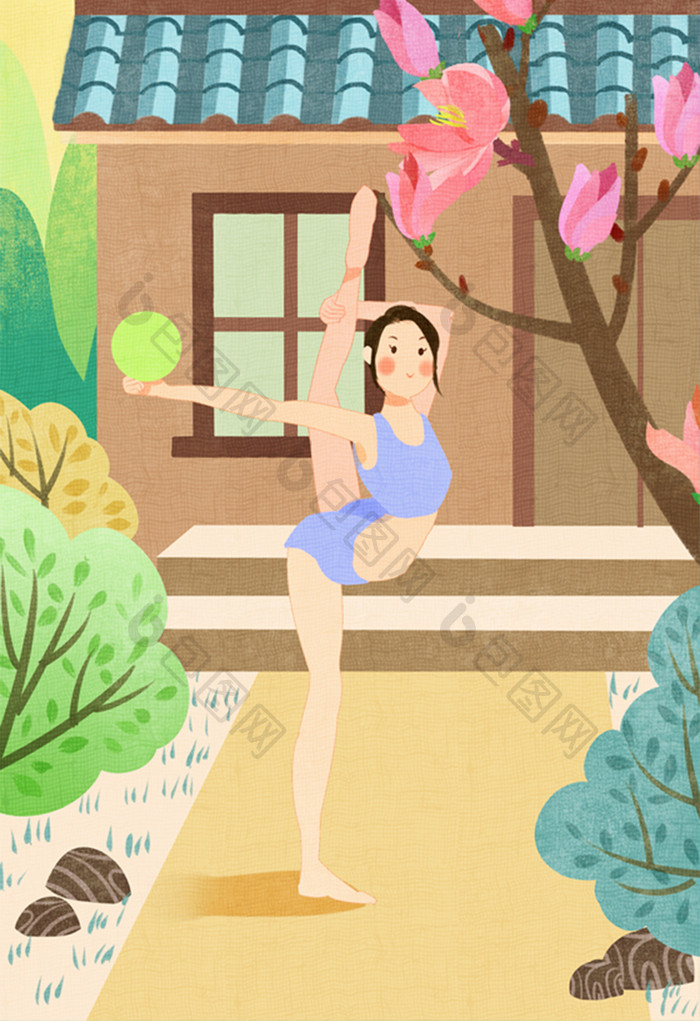 唯美卡通女性在院子里做瑜伽健身插画