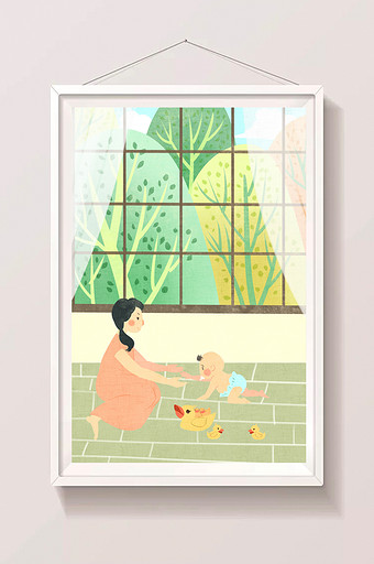 清新卡通母亲与宝宝在窗边玩耍插画图片