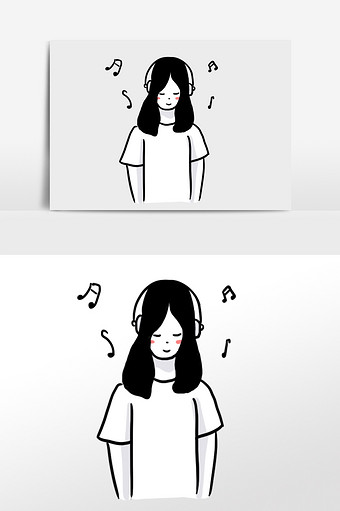 黑白风简笔画听音乐的女生手绘元素插画图片