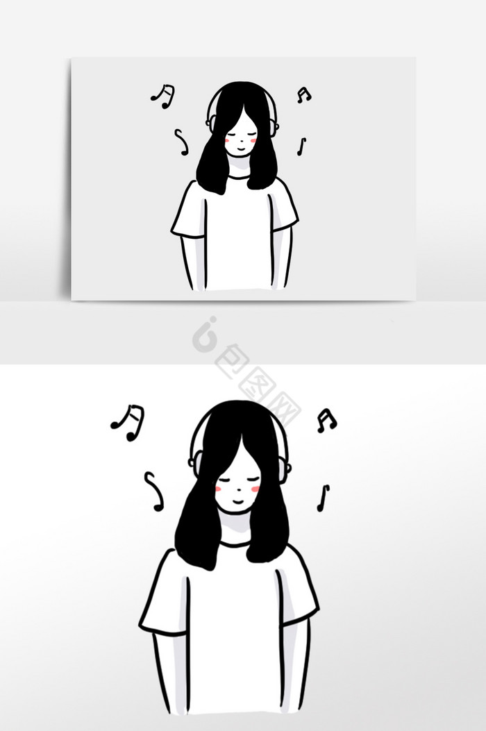 黑白风简笔画听音乐的女生插画图片