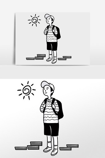黑白简笔画背书包的男生手绘元素插画图片