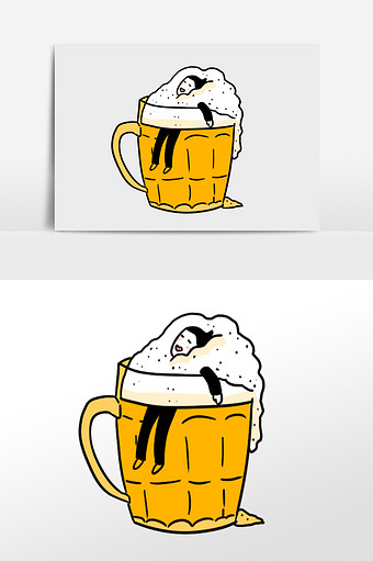 简笔画沉静在啤酒里的男人手绘元素插画图片