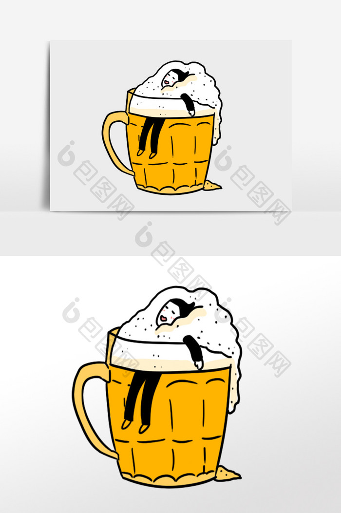 简笔画沉静在啤酒里的男人手绘元素插画
