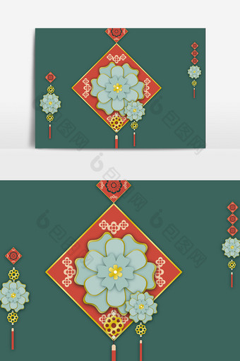 中式中国风剪纸立体花卉如意结元素图片