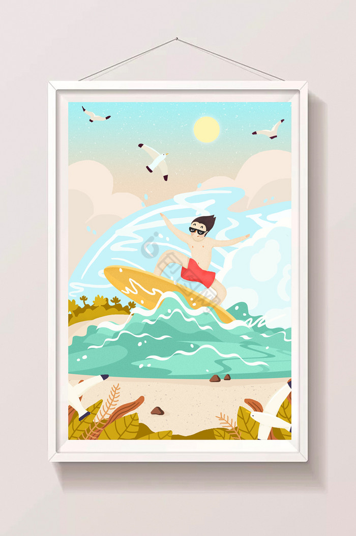 夏季酷暑海边冲浪娱乐插画图片