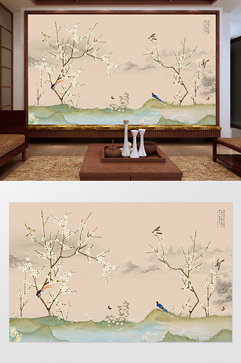 新中式花草树木飞鸟山水客厅电视背景墙图片
